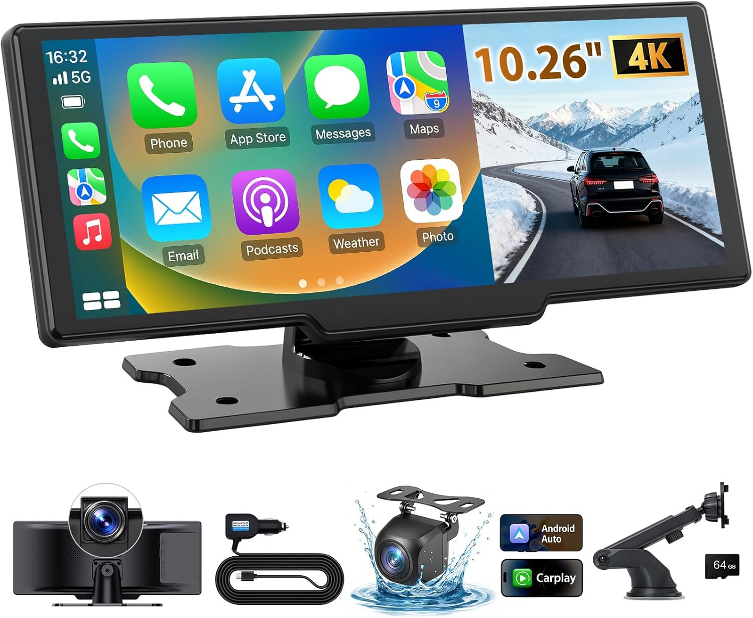 10.26″ Wireless Carplay Screen for Car: 4K Dash Cam & 1080P Backup Camera, Porta