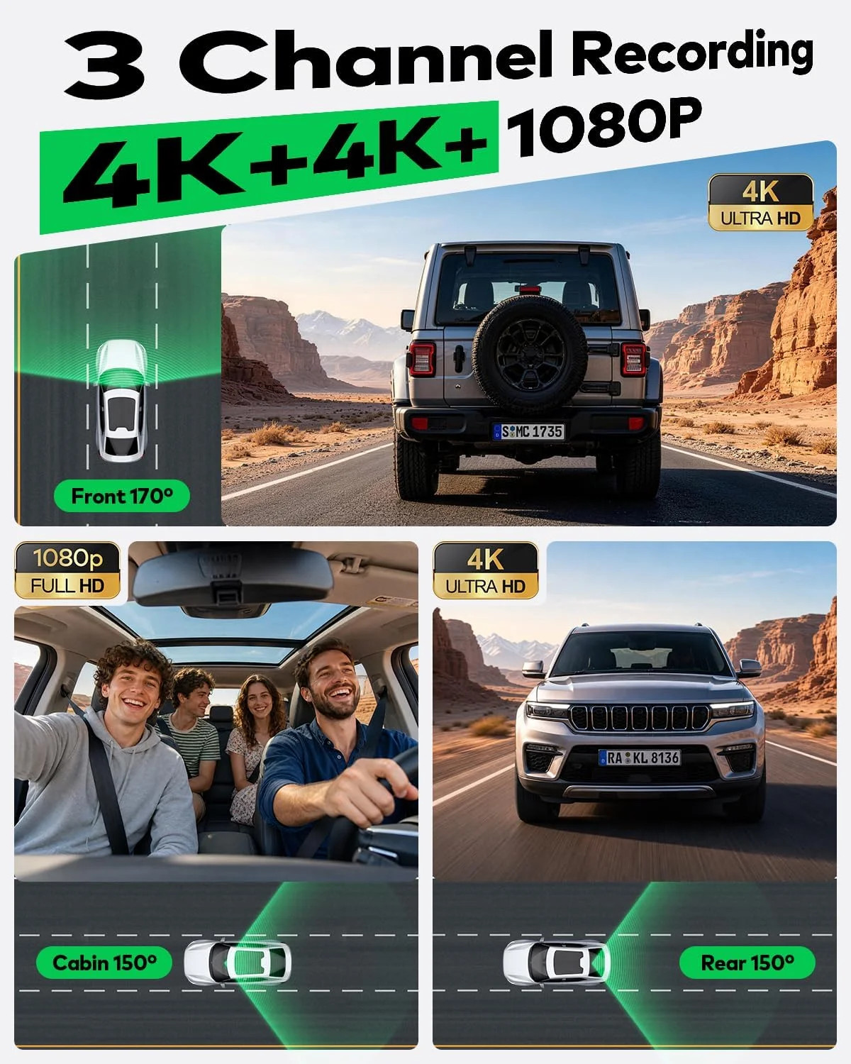 4K+4K+1080P 3 Channel Dash Cam, Free 128GB Card, AProX HD Night Vision | Dash Ca