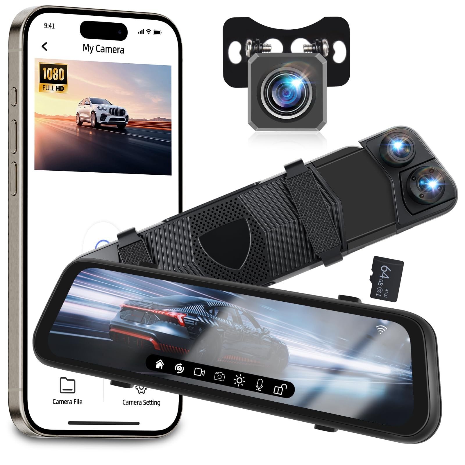3 Channel 9.66 Inch Mirror Dash Cam with 5GHz WiFi, 1080P Front and Rear Insi…