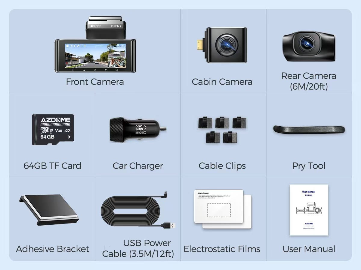 AZDOME 4K+1080P+2.5K 3Len Dashcam WiFi GPS Parking Mode Dash Camera 64GB SD Card