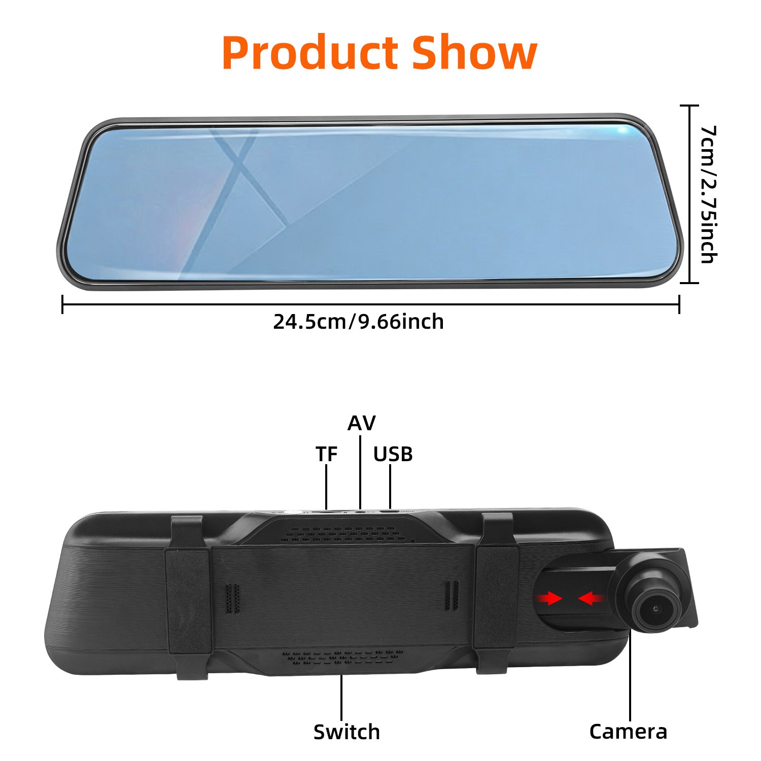 9.6″ Car Mirror Dash Cam with Front + Rear Cameras, WiFi, Parking Monitor, Black