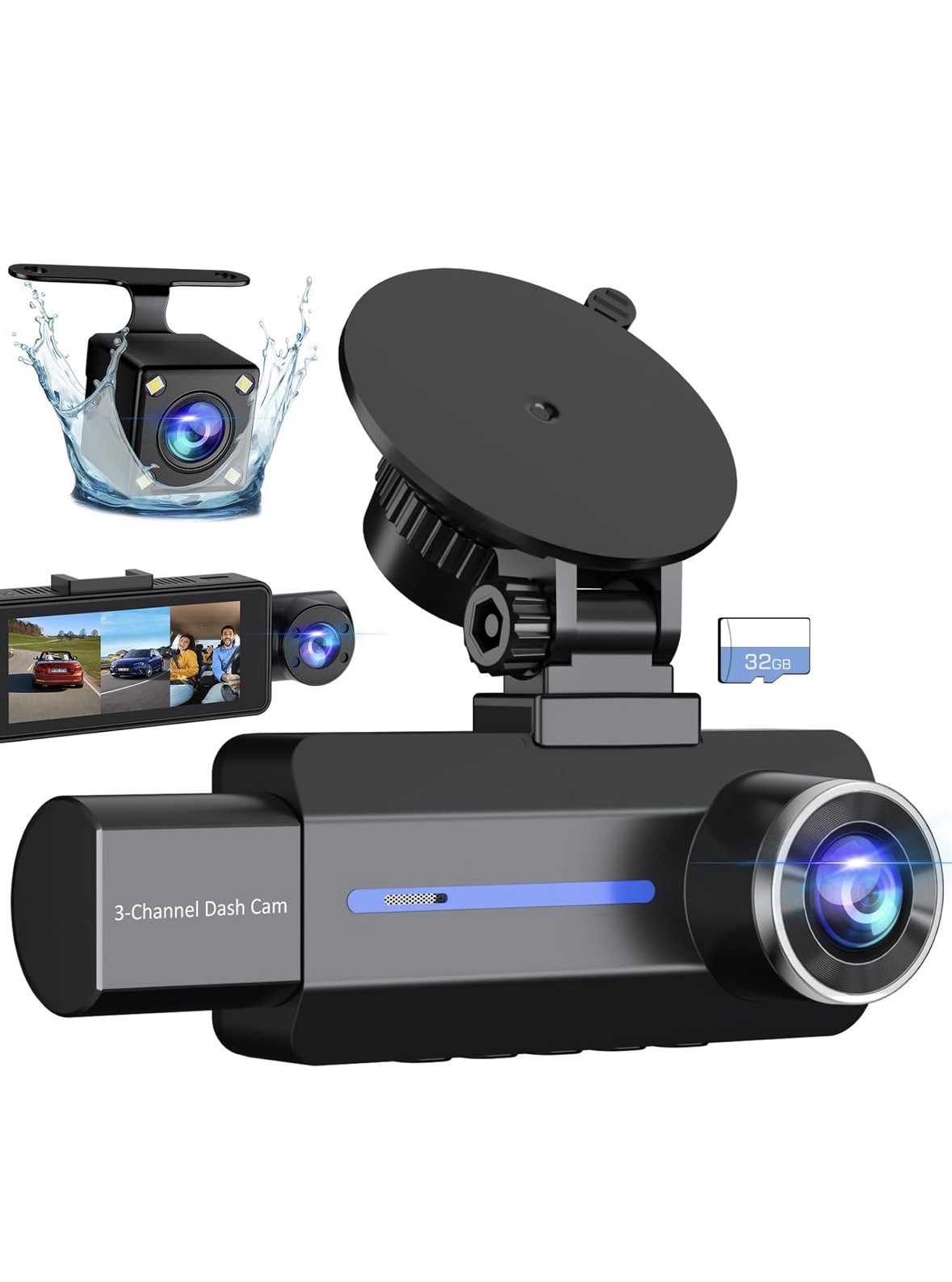 Dash Cam Front and Rear, 2.5K+1440P Triple Car Camera w/ 32GB Card, 3 Channel 83