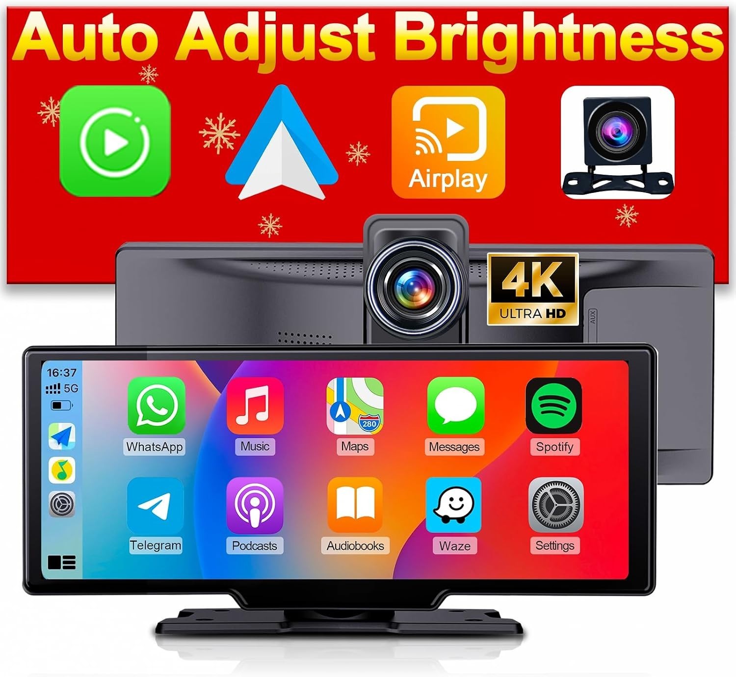 860 Portable CarPlay Screen with 4K Dash Cam Front and Rear- 9.3″ Wireless Ap…