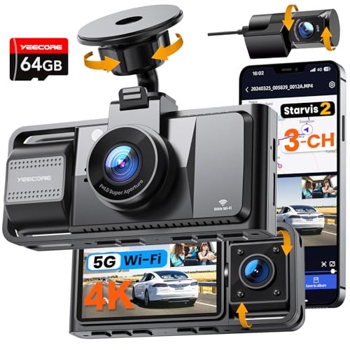 Black – YEECORE Real 4K 3 Channel Dash Cam Front Rear Inside IR Night Vision D53