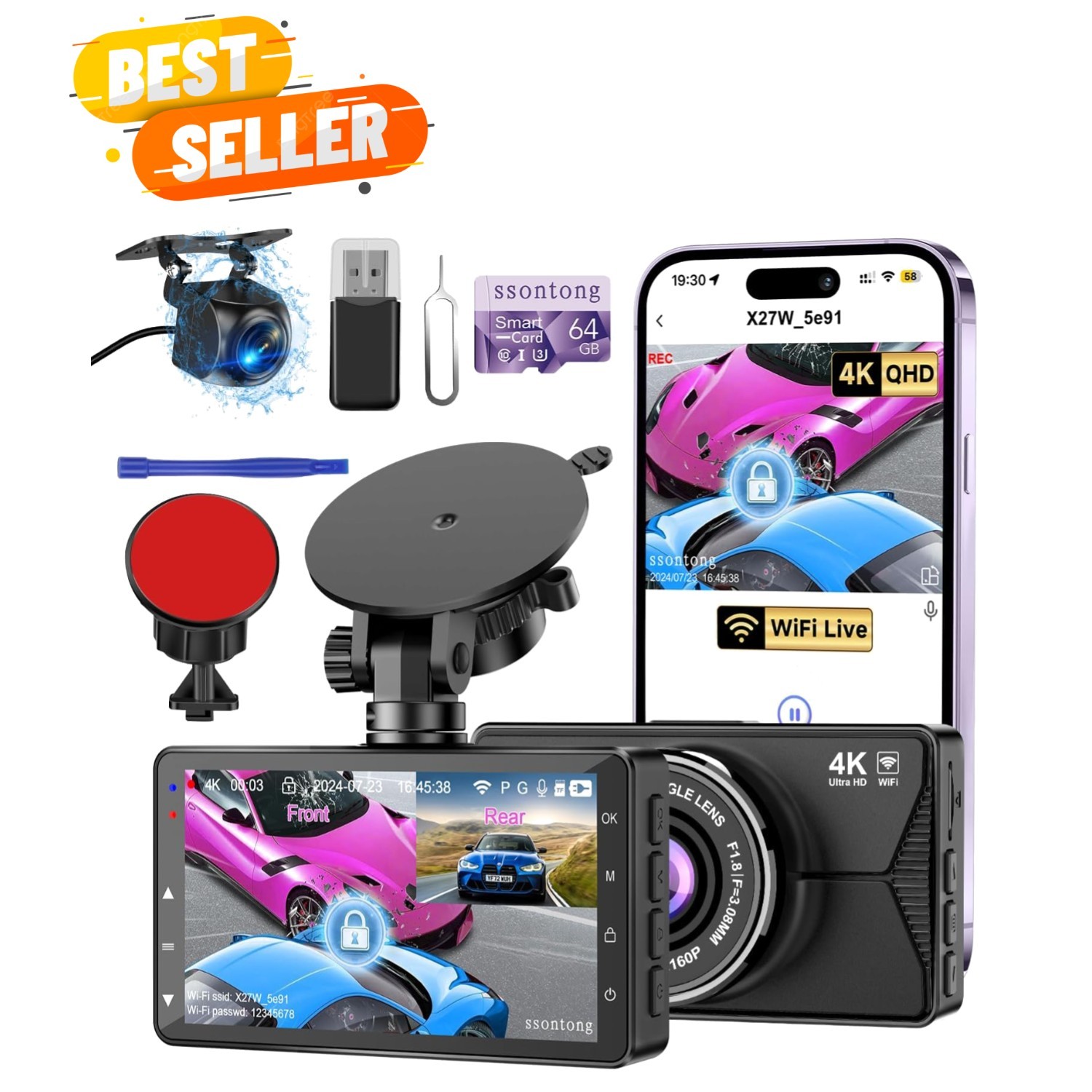 Complete Car Dash Cam System – 4K Front & 1080P Rear, Time-Lapse, USB Powered