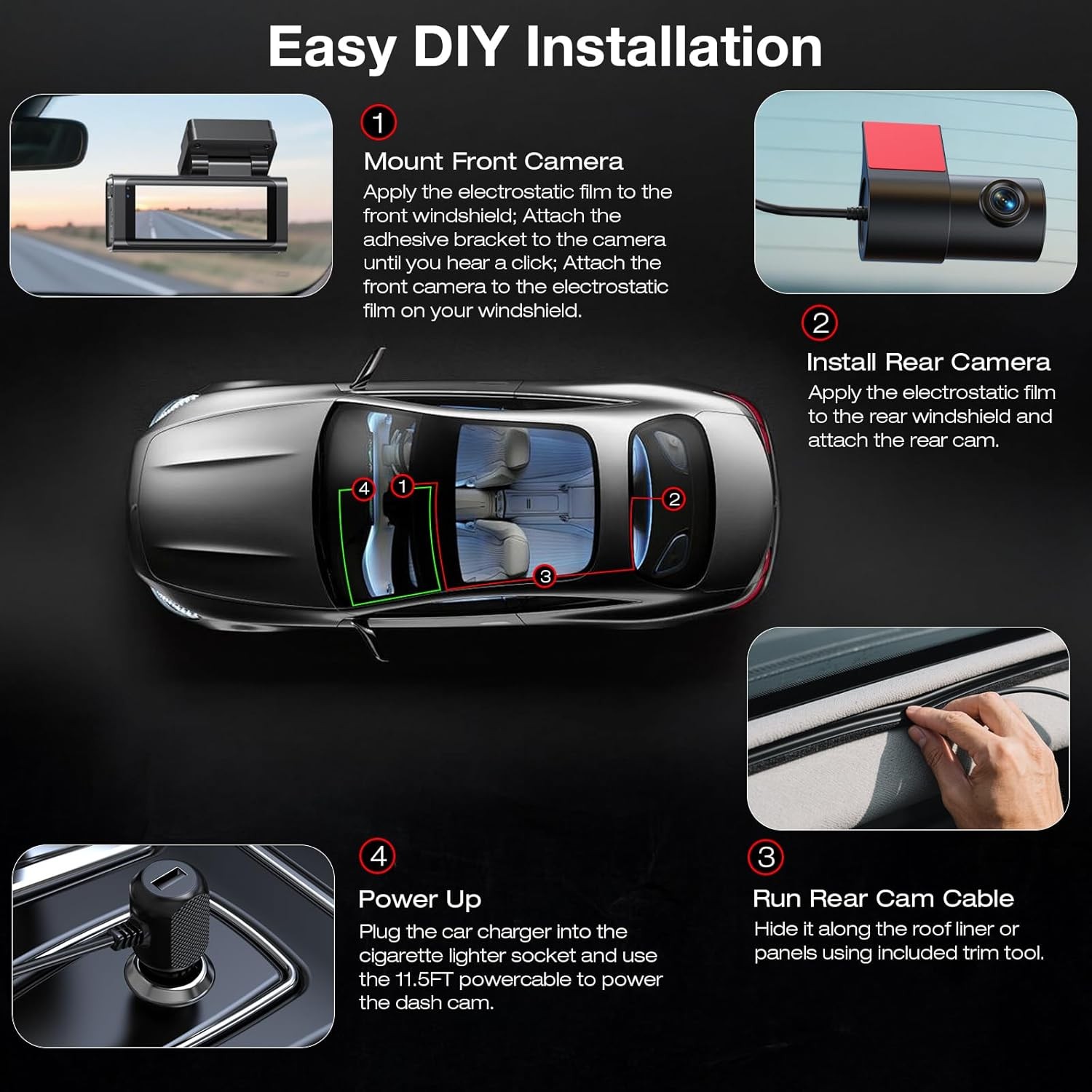Beferich J18 4K 2.5K Dual Dash Cam GPS WiFi 64GB Card 256GB Max front rear night