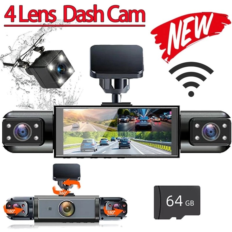 1080P 4 Channel Wifi Dash Cam Driving Recorder HD Car Front+Rear Camera+64G Card