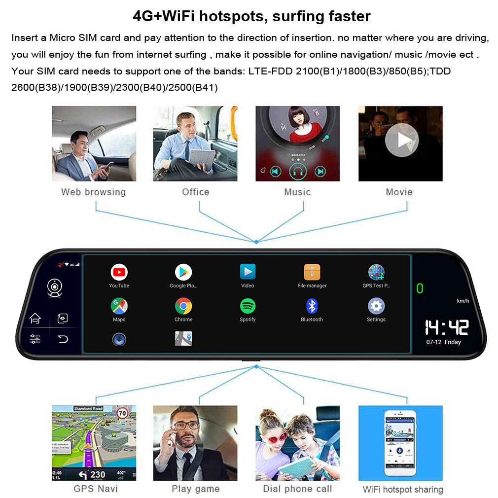 12″ touch screen rearview mirror Andriod 8.1 ADAS car dash cam reversing camera