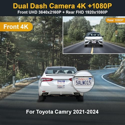 Dash Cam for 2021-2024 Toyota Camry LE L XLE TRD XSE SE Front 4K+Rear 1080P