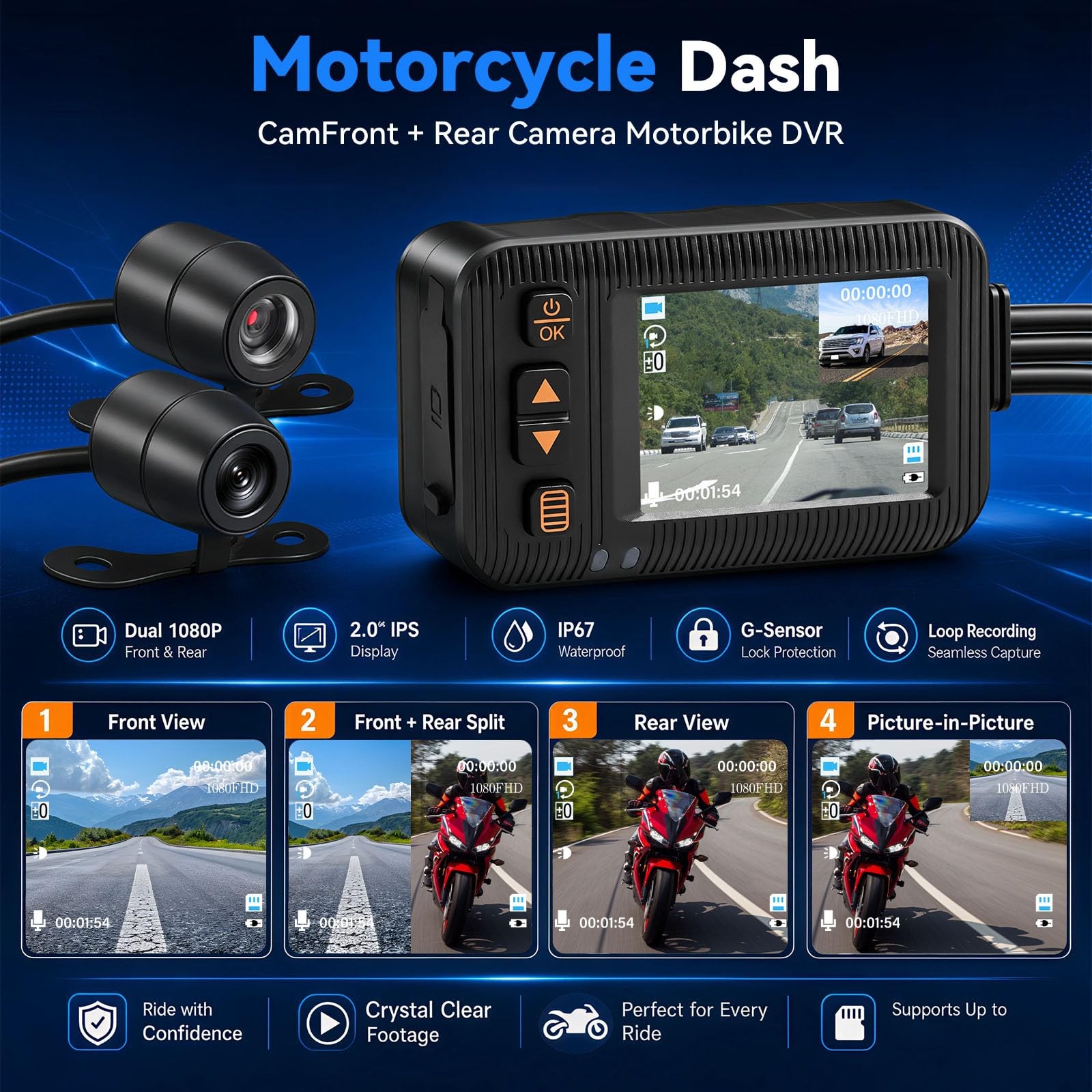 Motorcycle Dash Cam Front and Rear,2 Inch Screen Motorbike Dual Camera DVR, I…