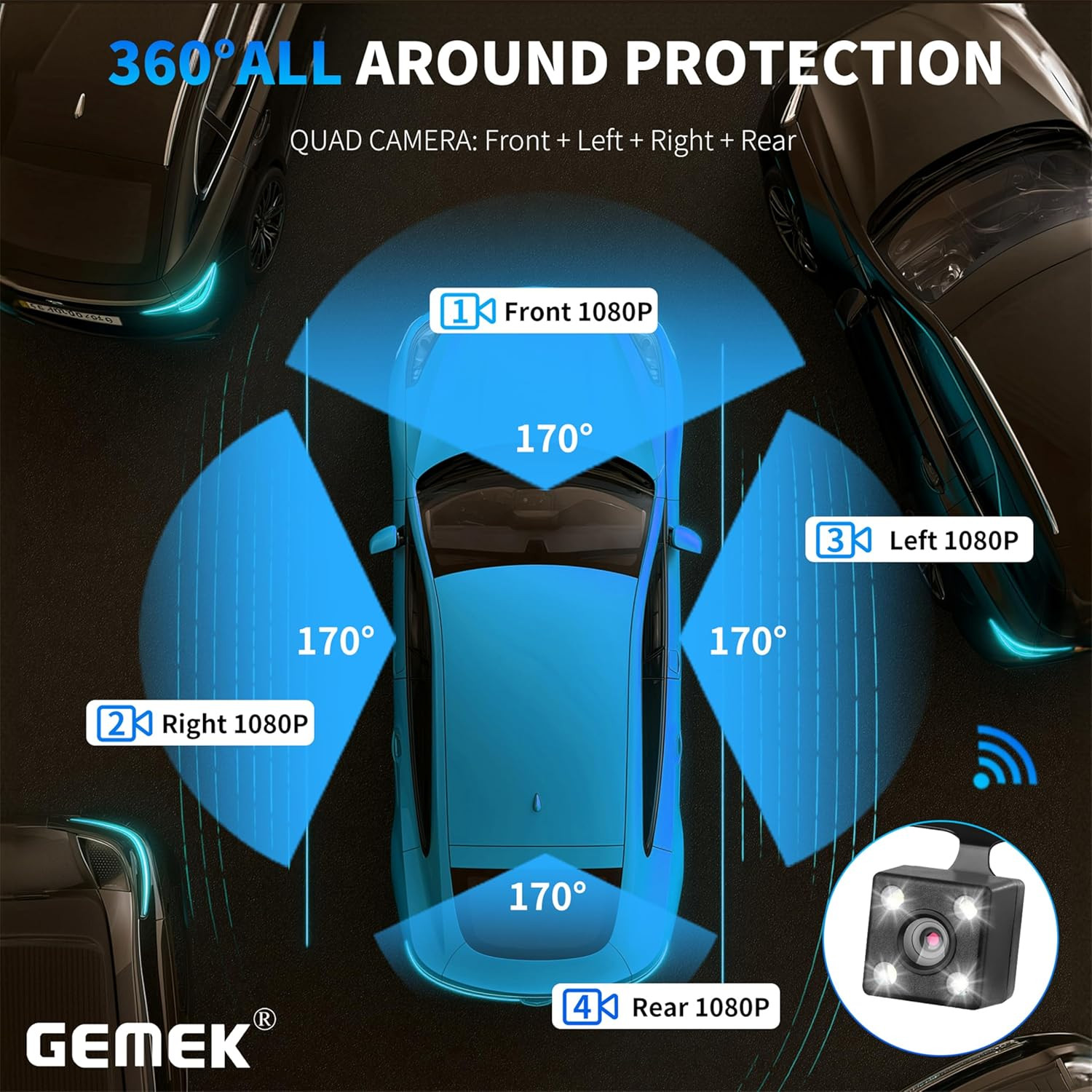 360 Degree View 4 Channel Dash Cam 5G WiFi & App Control, GEMEK 2K Front and Rea