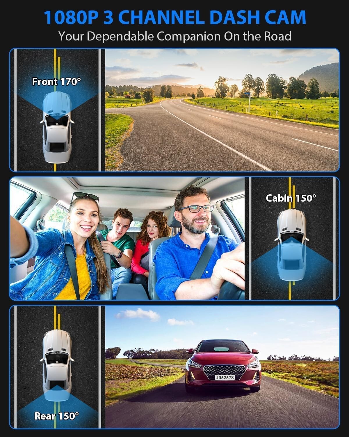 360° Coverage Dash Cam – 1080P Front, Rear & Interior with Easy Installation