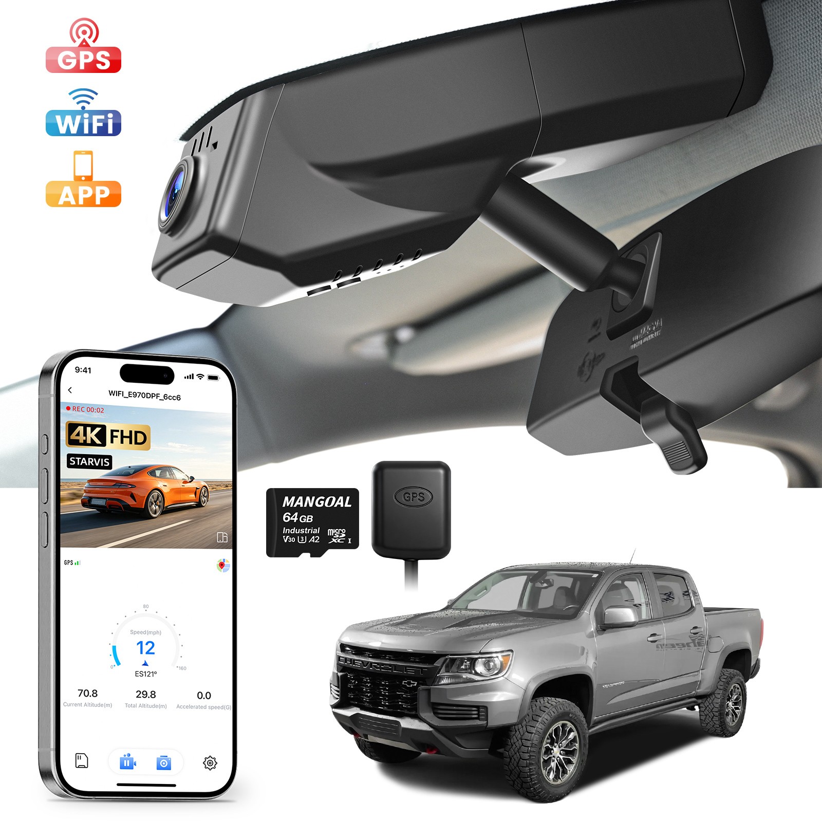Mangoal Front 4K OEM Dash Cam Custom for Chevy Colorado 2015-2022 Wifi GPS APP