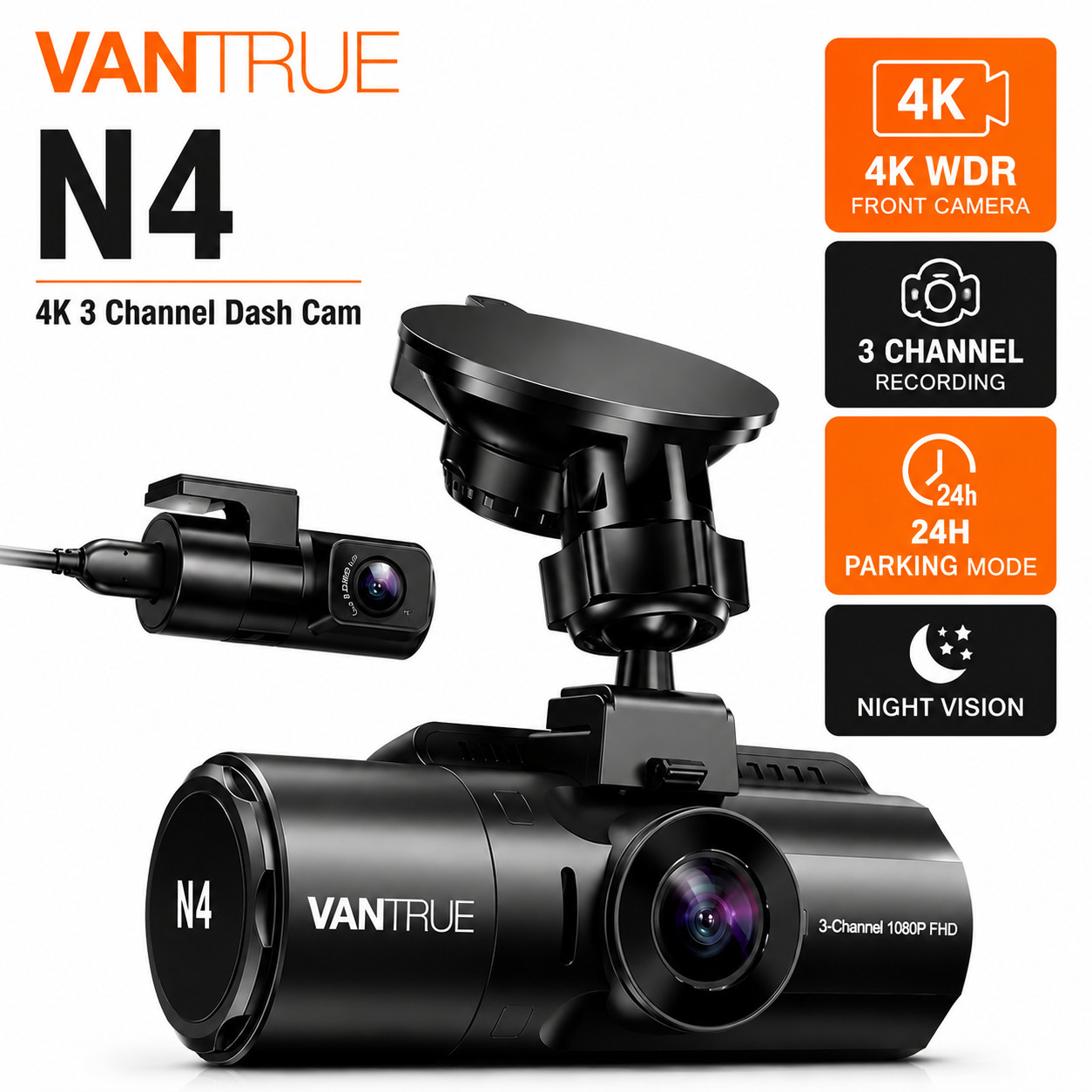 Vantrue N4 4K Dash Cam 3 Channel Front Rear Inside Night Vision Parking Mode