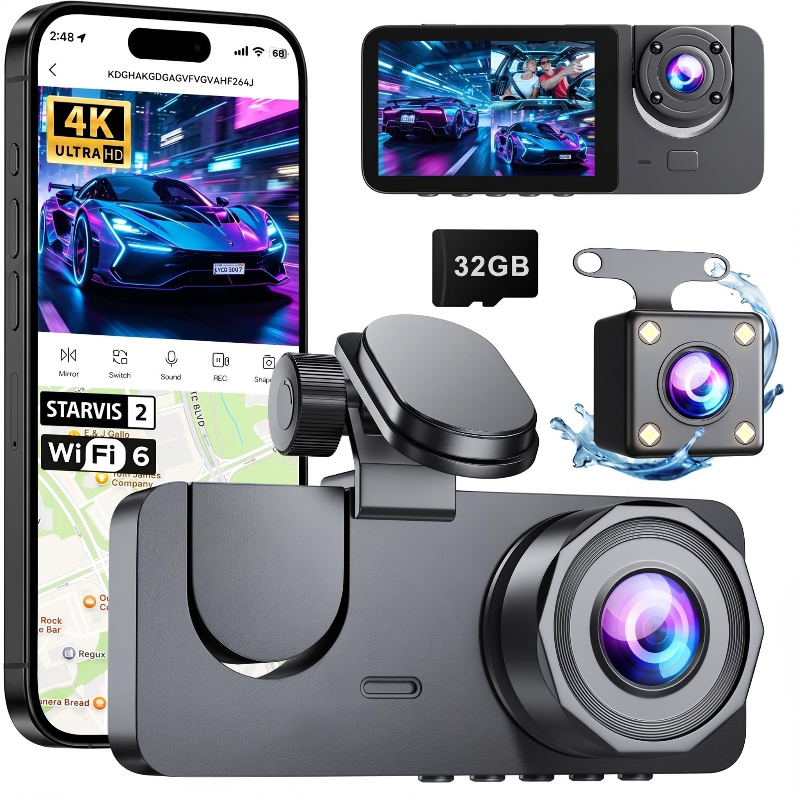 4K Full HD 3-Channel Dash Cam Front & Rear, Night Vision, 170° Wide Angle, 32GB