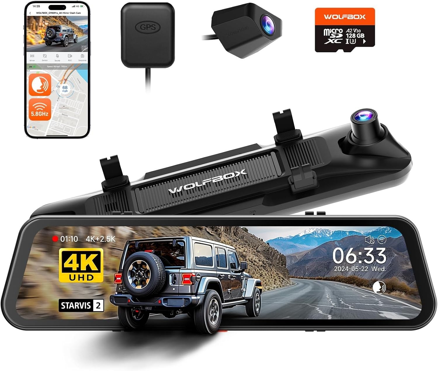 G900 PRO Mirror Dash Cam with 8MP STARVIS IMX678,Front 4K Rear 2.5K | 128GB Card