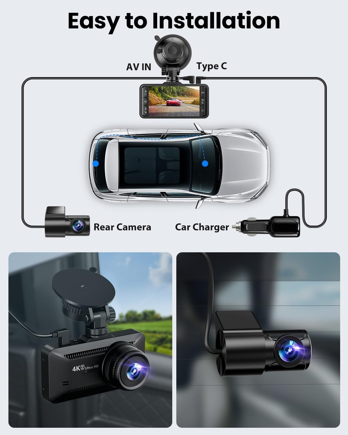 Dash Cam Front Rear 4K/1080P, Dash Camera for Cars Build in Wifi, Full HD Dash C