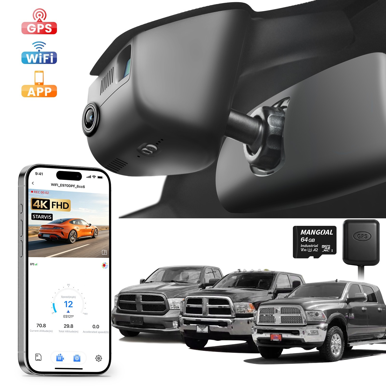 Mangoal Front 4K HDR Dash Cam for 4th Gen Dodge RAM 1500/2500/3500 2013-2018 OEM