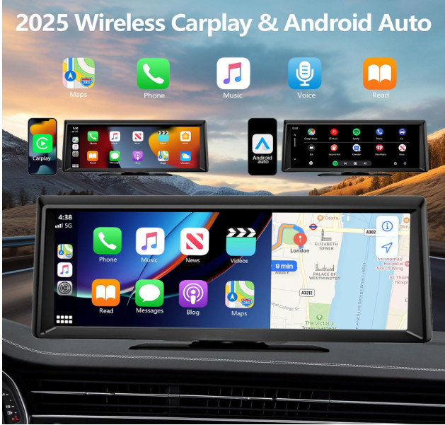 Pantalla CarPlay inalámbrica 8,1” con dash cam 2K, GPS y cámara trasera. Nuevo