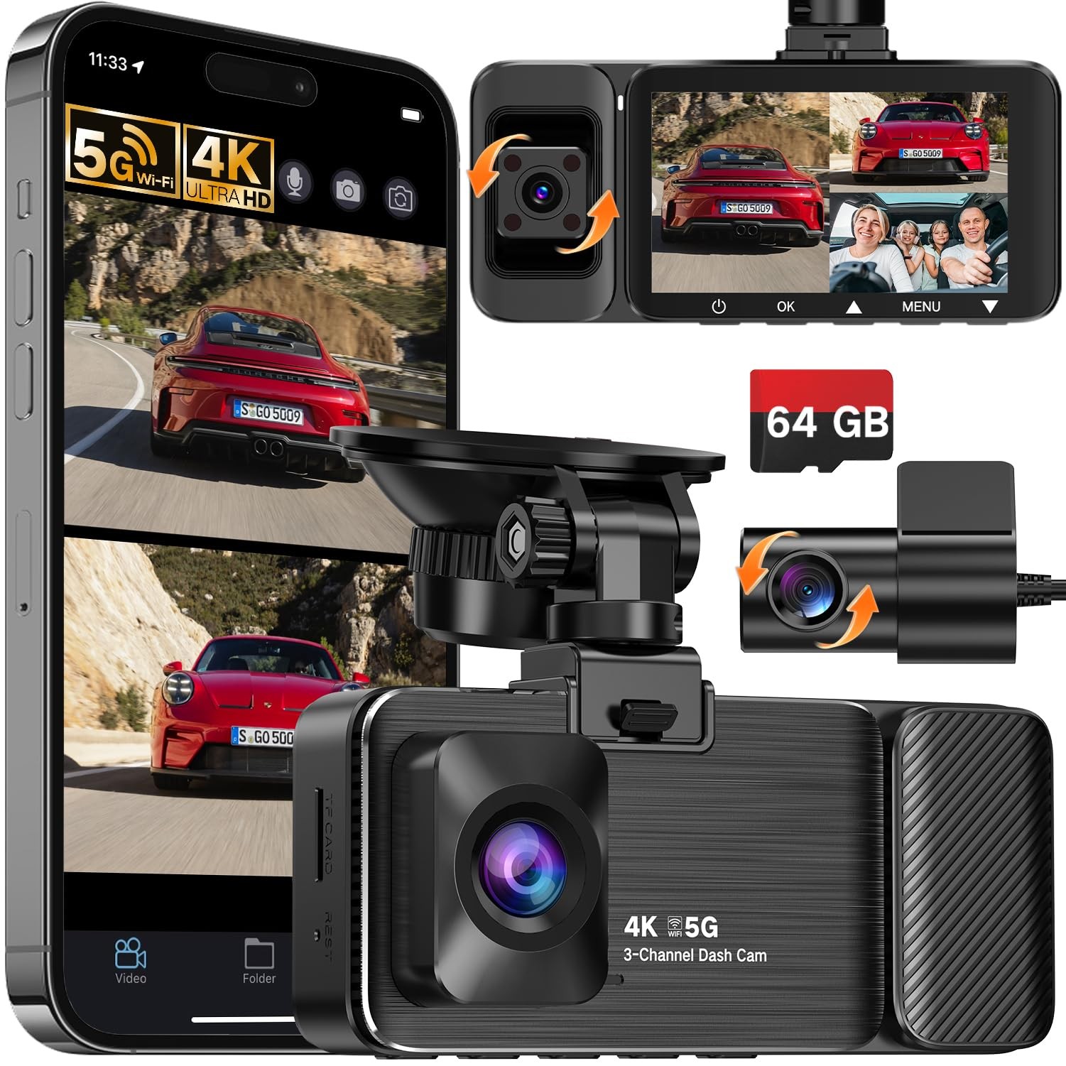 4K UHD 3 Channel Dash Cam Front and Rear Inside, Free 64GB Card Included, 360…
