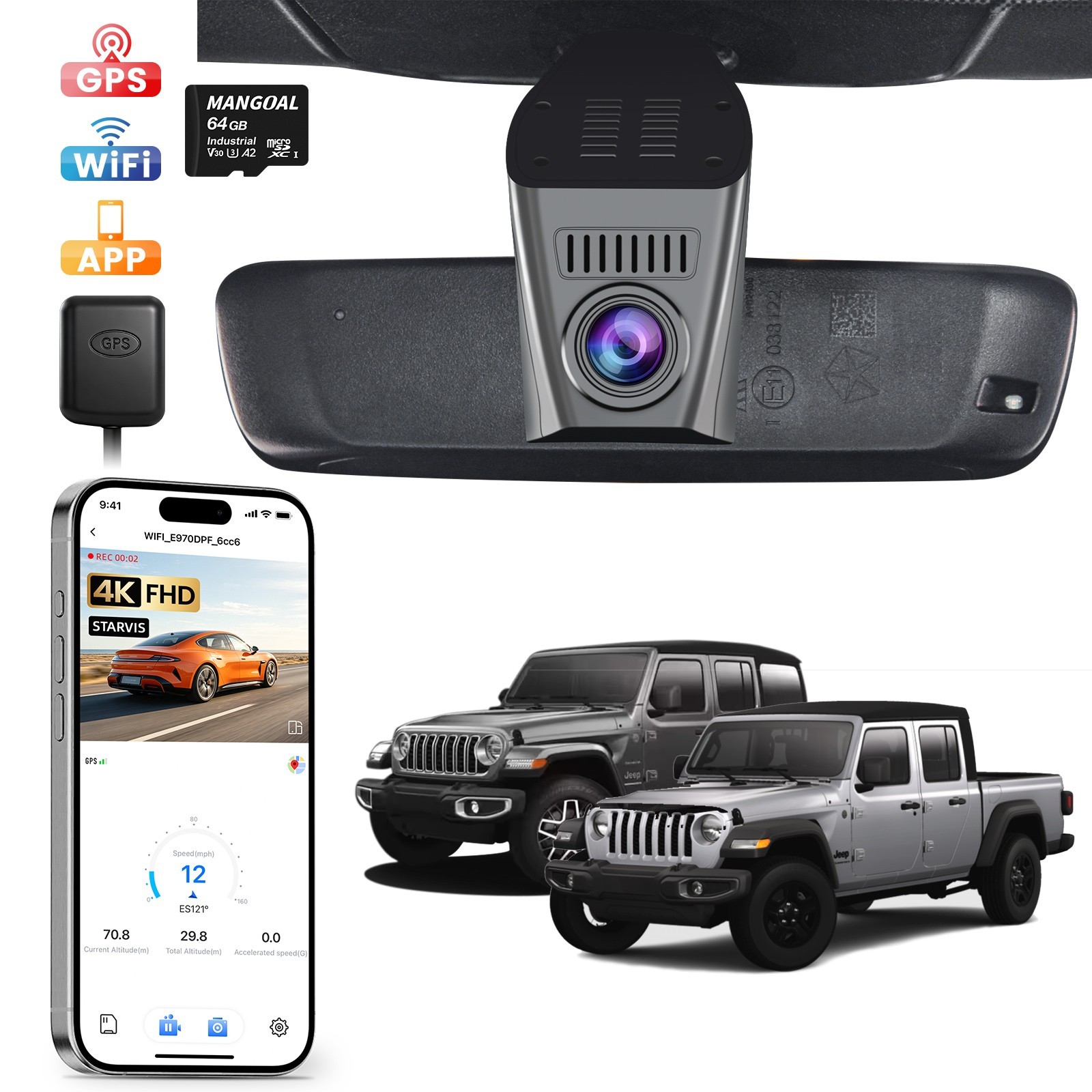 4K HDR Dash Cam for Jeep Gladiator JT 2018-2023 & Wrangler JL 2018-2023 GPS Wifi