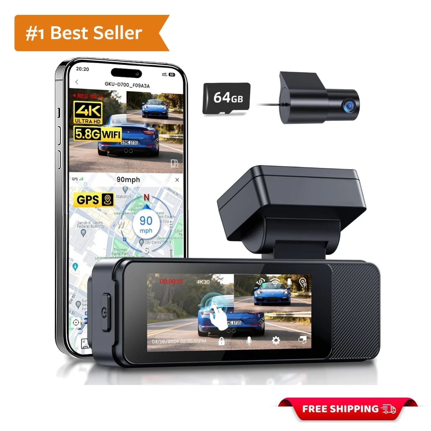 4K Dash Cam with 3.18” Touchscreen & Built-in GPS – Dual 1080P Recording
