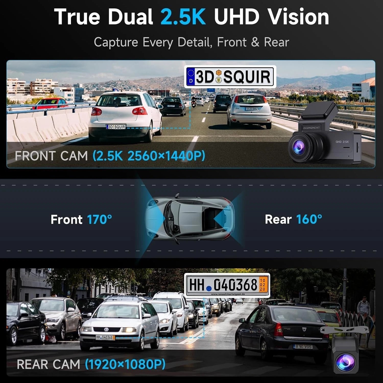 Dash Cam Front and Rear, 2.5K+1080P Car Camera with 32GB Card | WDR Night Vis…