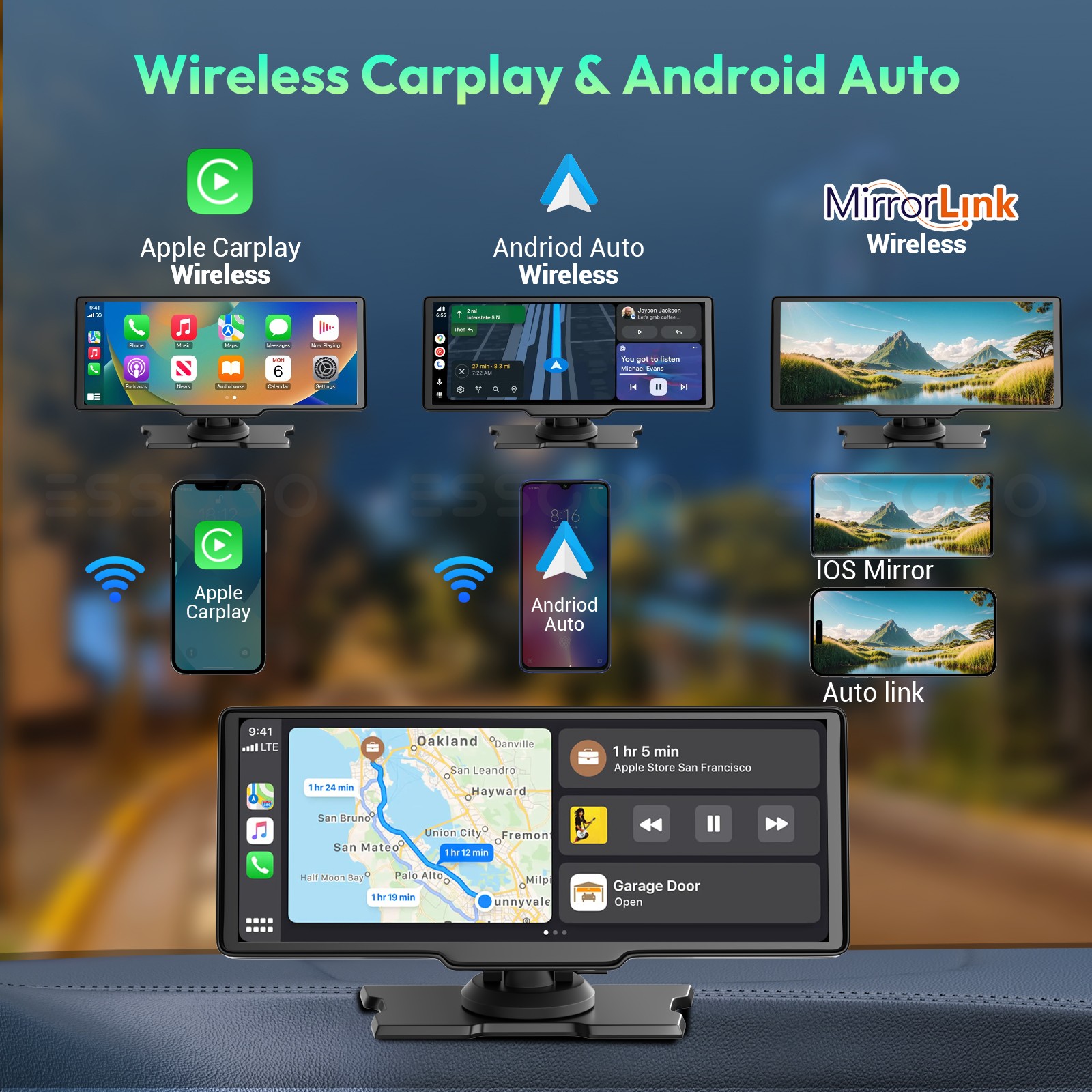 10.2″ Wireless Car Stereo CarPlay Android Auto 4K+1080P Dash Cam WIFI&AUX&FM DVR