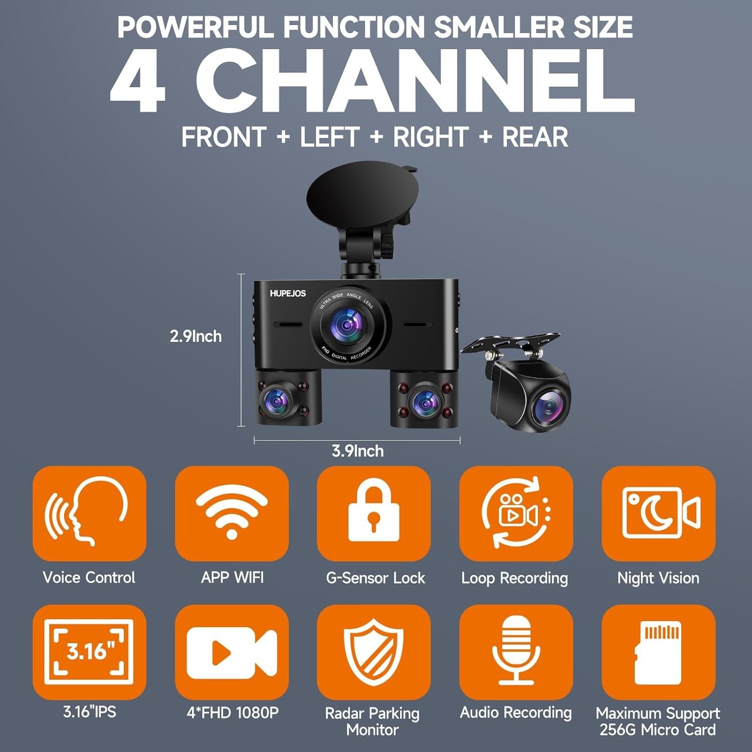 4-Channel Dash Cam Car Interior Exterior FHD Night Vision Wi-Fi 64GB