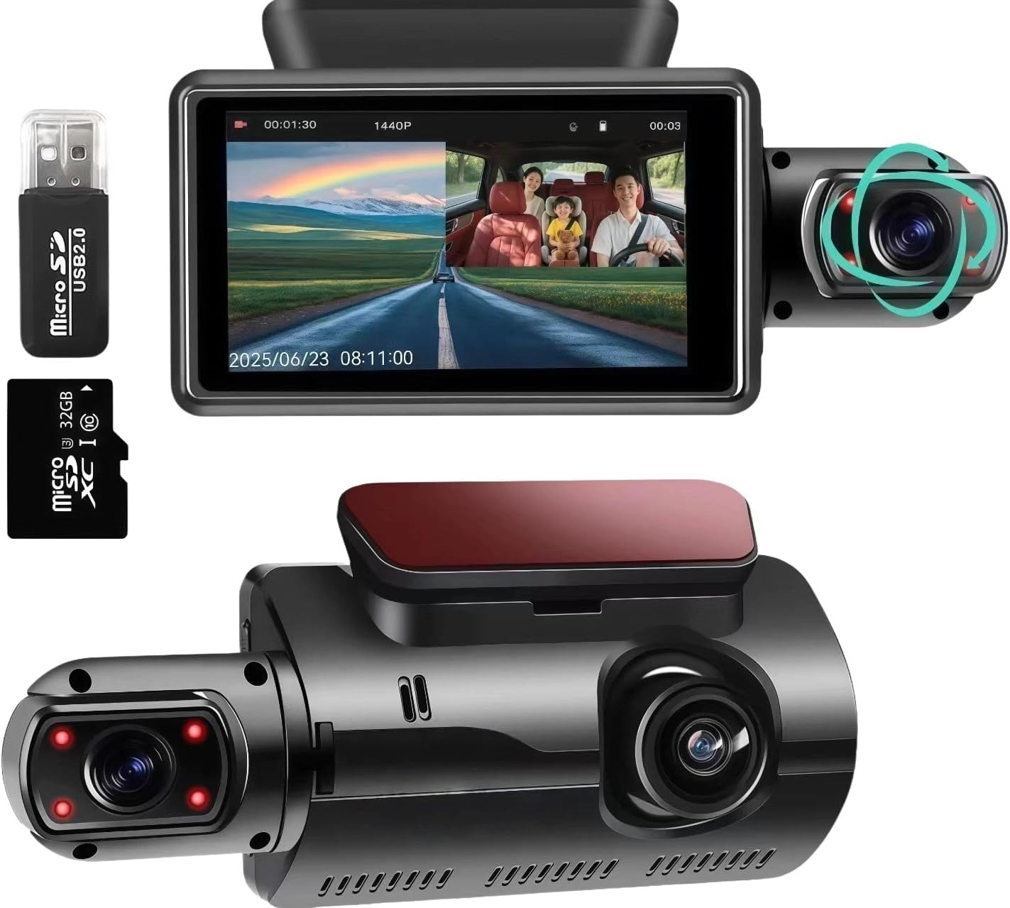 360° Dual Dash Cam with Night Vision & Loop Recording – 32GB SD Card Included
