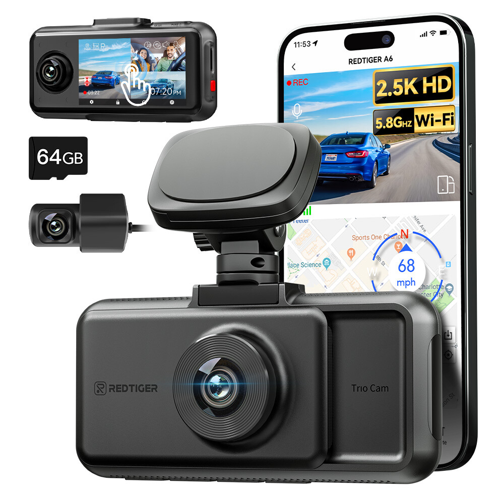REDTIGER A6 Dash Cam 2.5K 3 Channel Dash Camera, 5.8GHz WiFi,3″ Touch Screen