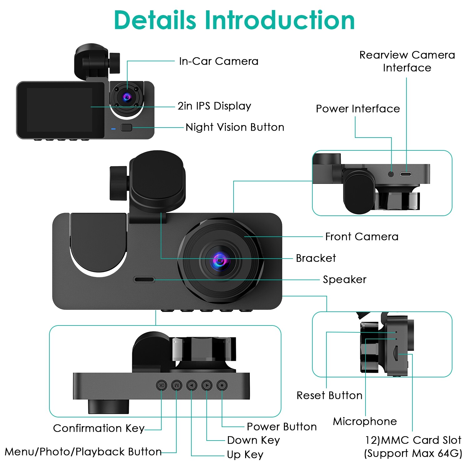 Car Dash Cam HD 1080P Front Rear Inside Video Recorder Camera G-Sensor 32GB Card