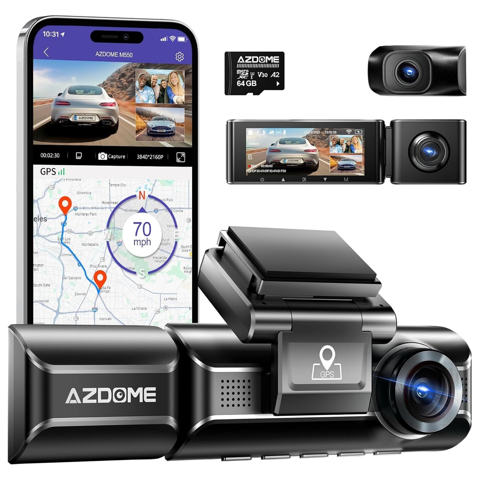 4K 3-Channel Dash Cam with 3.19″ Screen, IR Night Vision, GPS & WiFi – 24H Parki