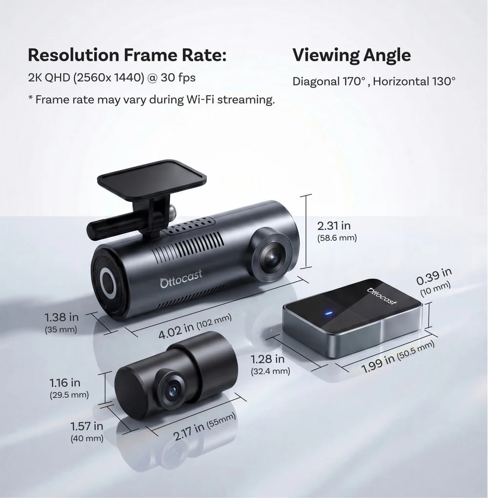 Ottocast Dash Cam WirelessCarplay HD 1080P Front/Rear 3 Lens Video Recorder 2in1