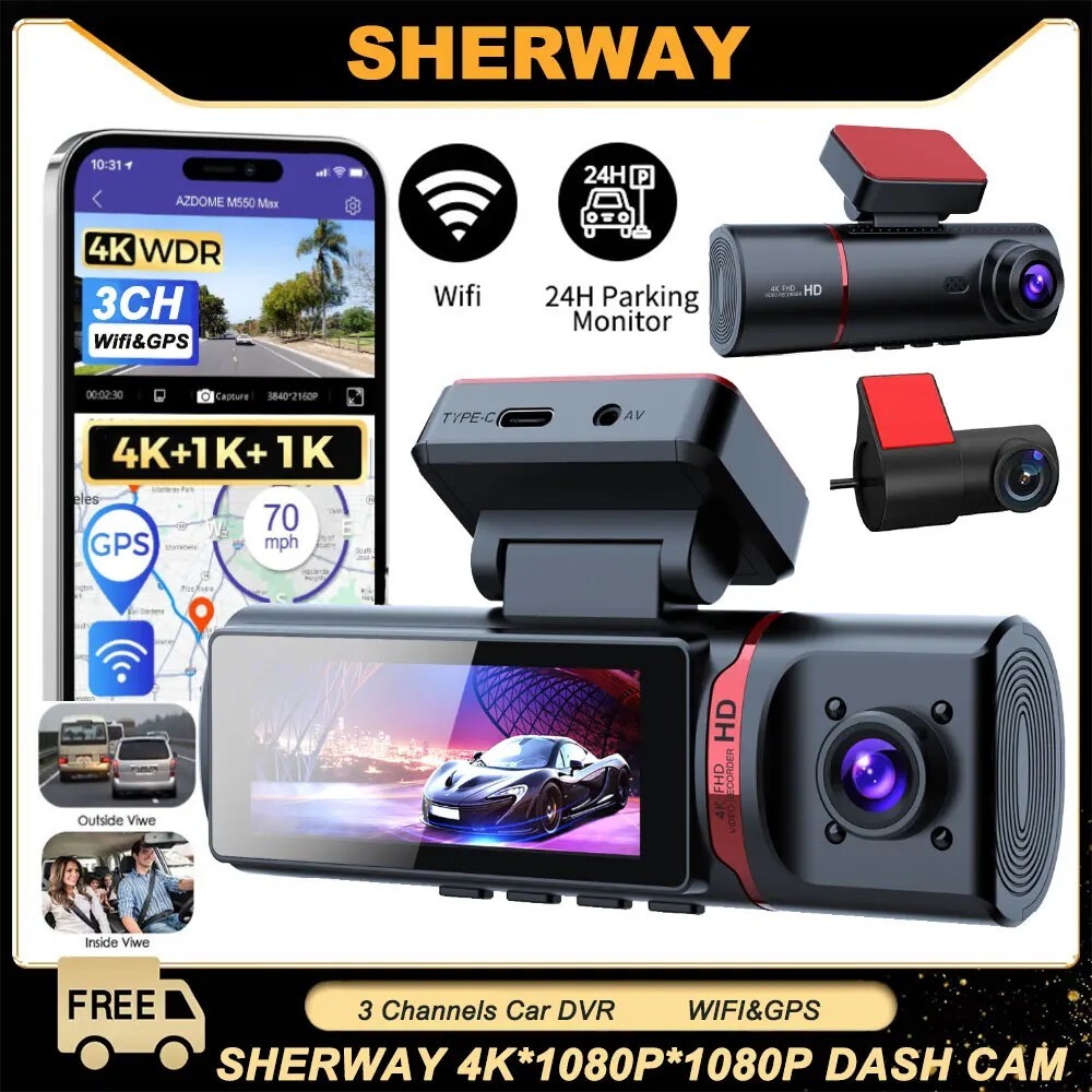 3 Channel Car DVR 4K UHD 3 Lens Front Inside Rear GPS Wifi Dash Cam DVR Recorder