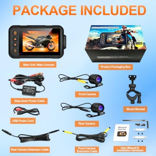 Motorcycle Dash Cam Front Rear 720P 3 Inch | 720P Front + 480P Rear. Parking