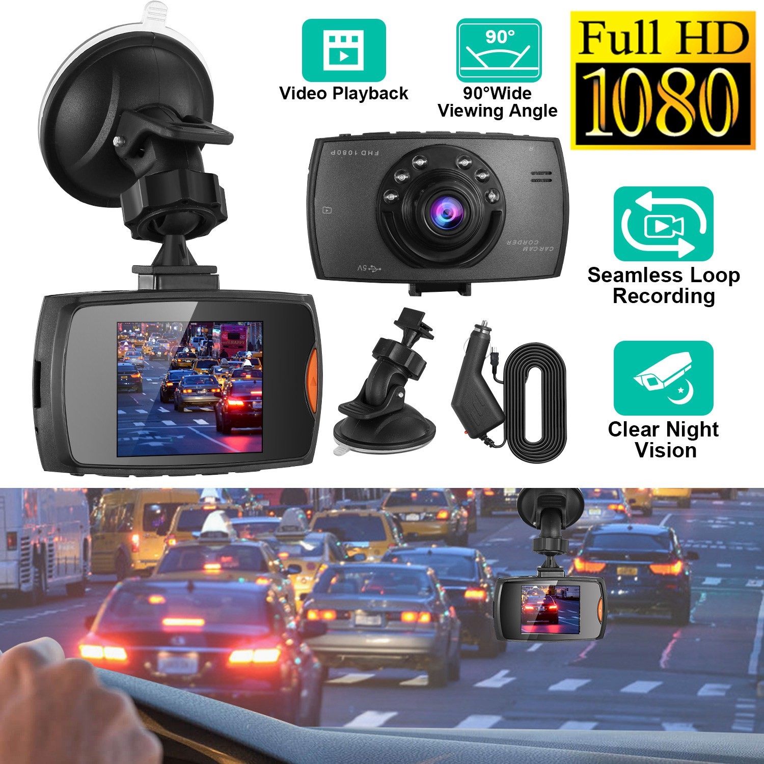 1080P HD Dash Cam Car Front Camera Dashboard DVR Video Recorder Night Vision