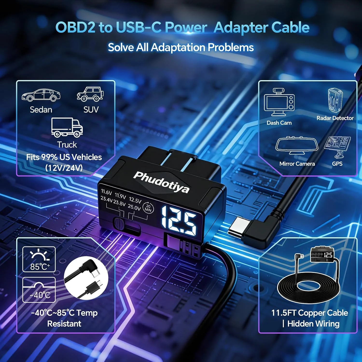 OBD2 to USB-C Power Cable for Dash Camera, OBD Dash Cam Hardwire Kit with Acc De