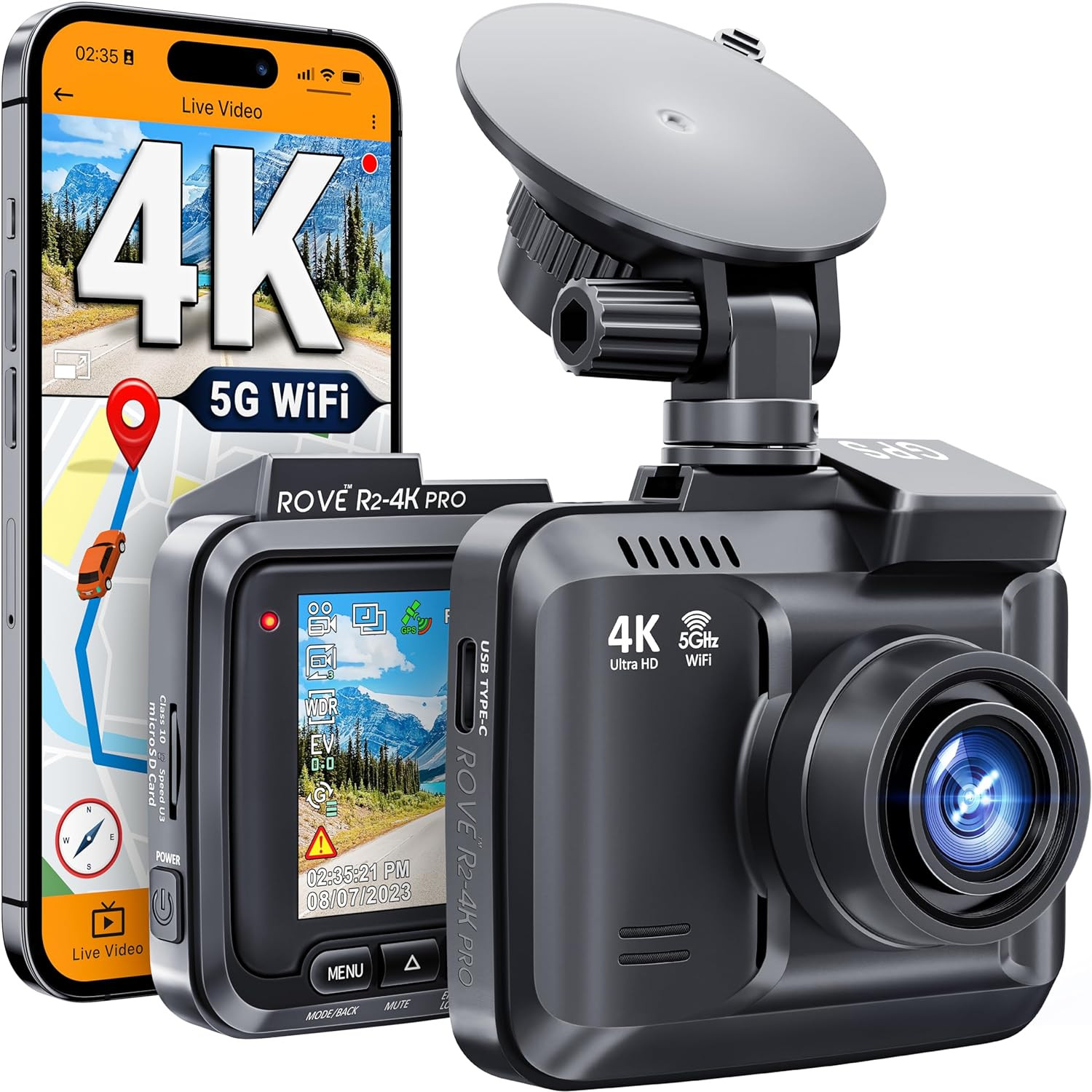 R2-4K PRO Dash Cam, Built-In GPS, 5G Wifi Dash Camera for Cars, 2160P UHD 30Fps