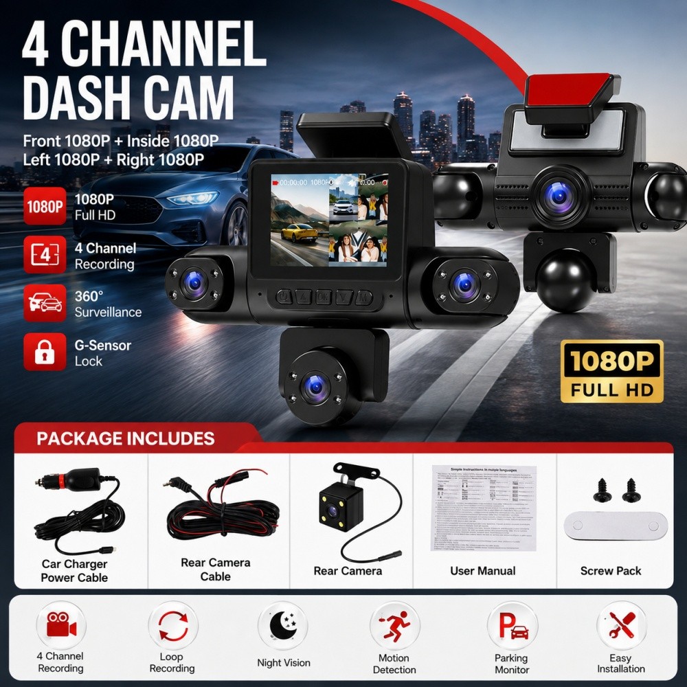 360° 4-Channel Dashcam 1080P HD Car Dash Camera Front Rear Left Right Inside NEW