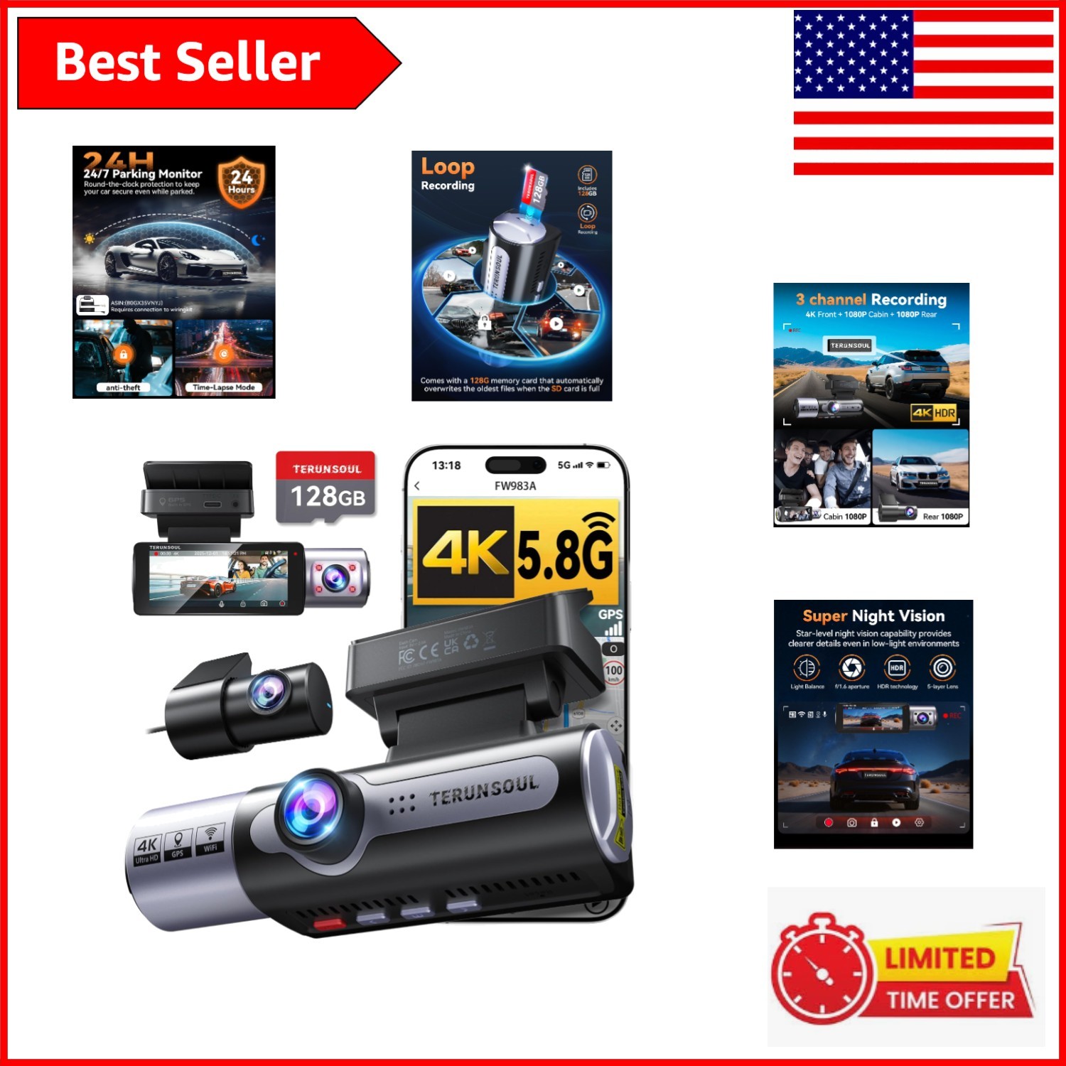 Advanced 4K Dash Cam with Collision Sensor, GPS & Starlight Night Vision – Black