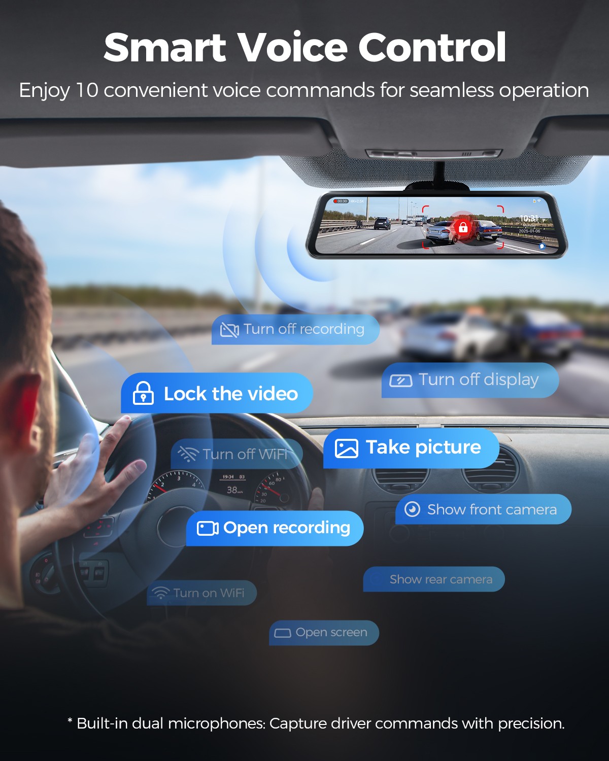 AZDOME 12″ 2CH 4K+2.5K Rearview Mirror Dash Cam 5GWiFi GPS ADAS BSD LCA+64GB TF