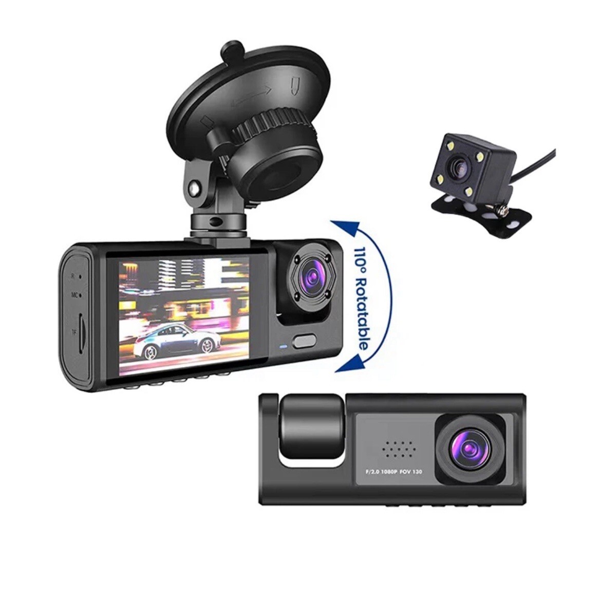 3 Camera Dash Cam 1080P 2 Inch Screen Dashcam Black Driver Recorder for4740