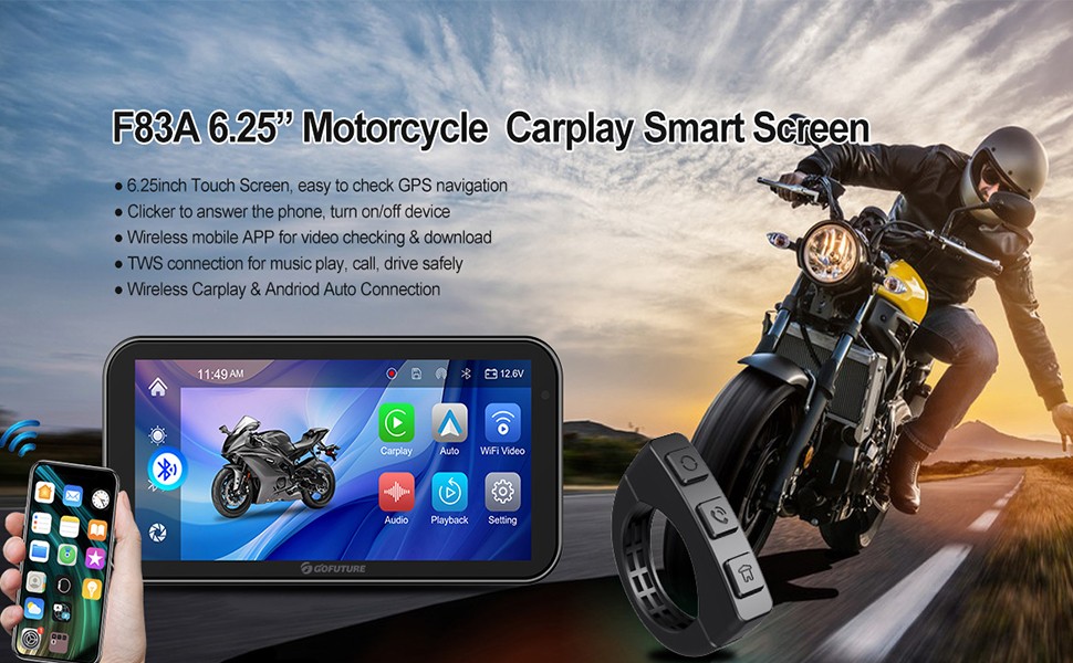 New 6.25″ Motorcycle Navigator Wireless CarPlay Android Auto with HD Camera