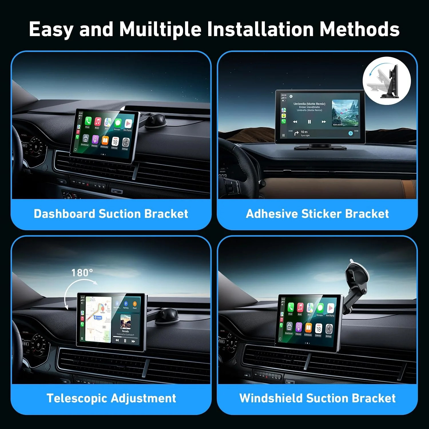 9″ Wireless Carplay Screen with 4K Dash Cam & 1080P Backup Cam | Android Auto Sc