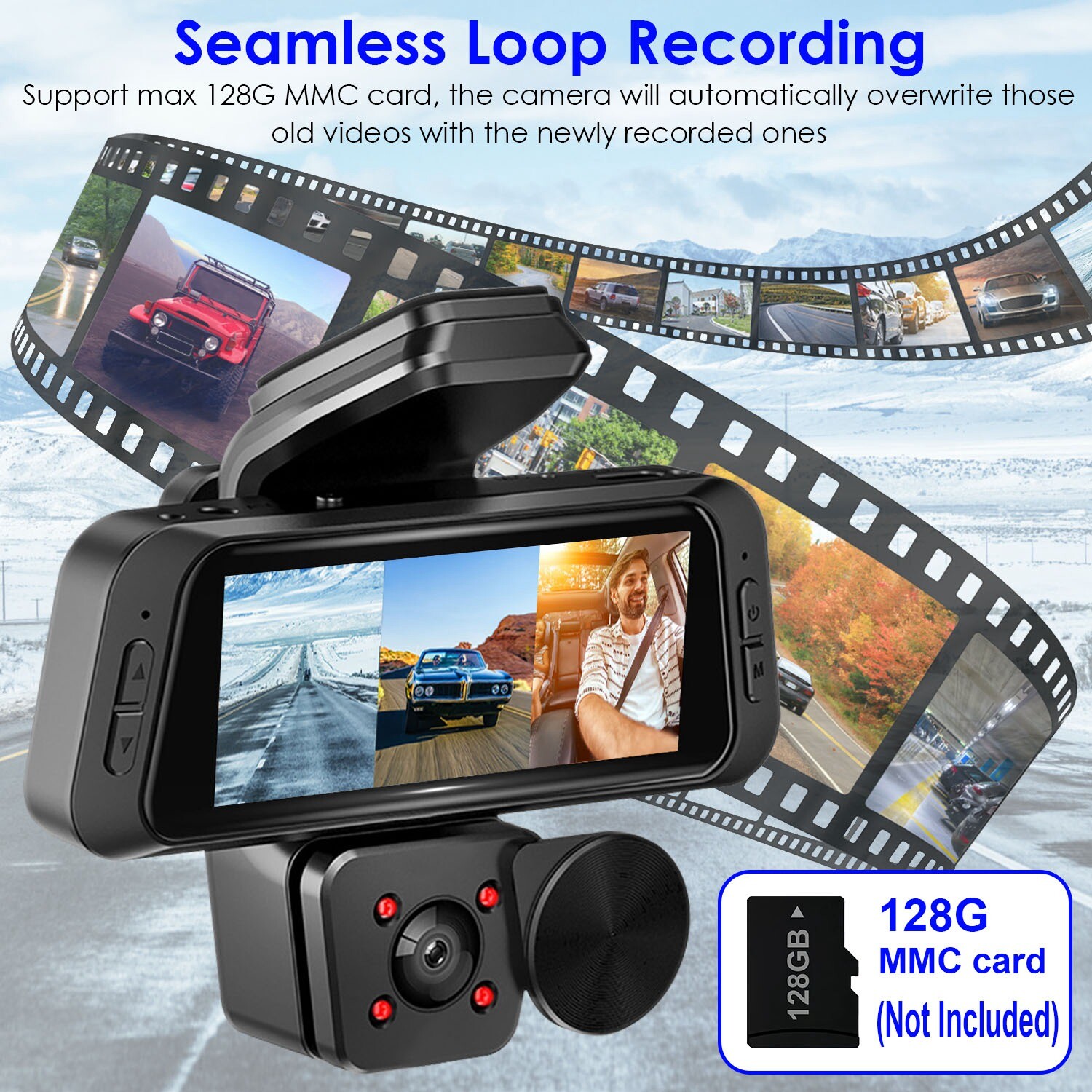 1080P FHD Dash Cam With 3 ChannelsWiFi Dash Cam 170° Wide Angle Motion Detection