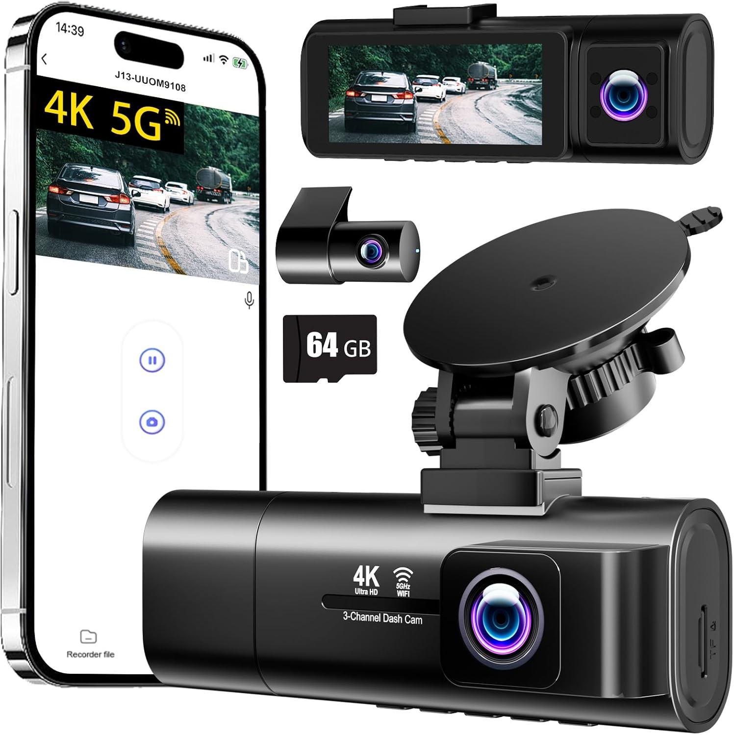 4K Dash Cam Front Rear Inside 3 Channel 5G WiFi 64GB