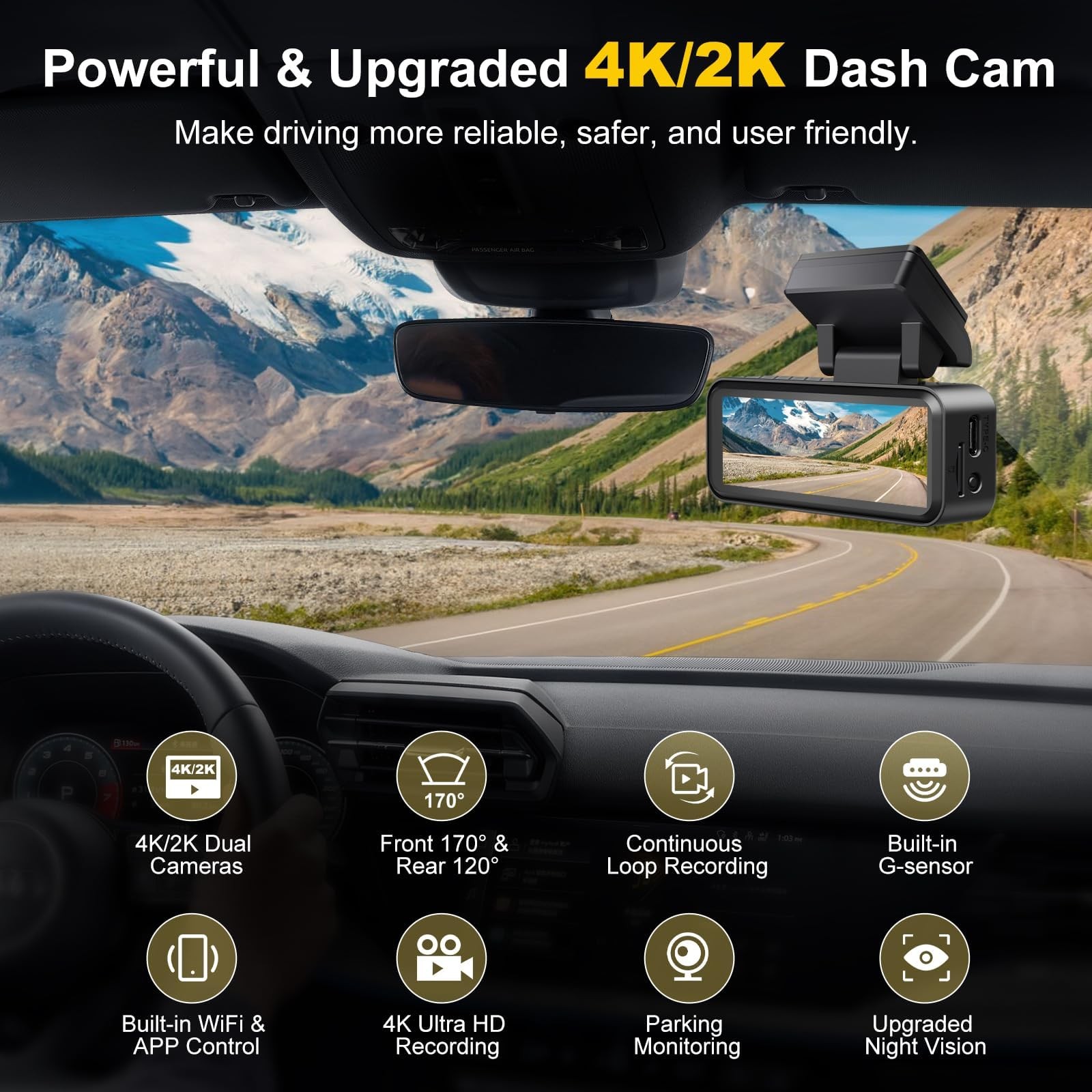4K+2K Dash Cam Front and Rear, Free 64GB Card Included, 5.8GHz WiFi Dash Came…