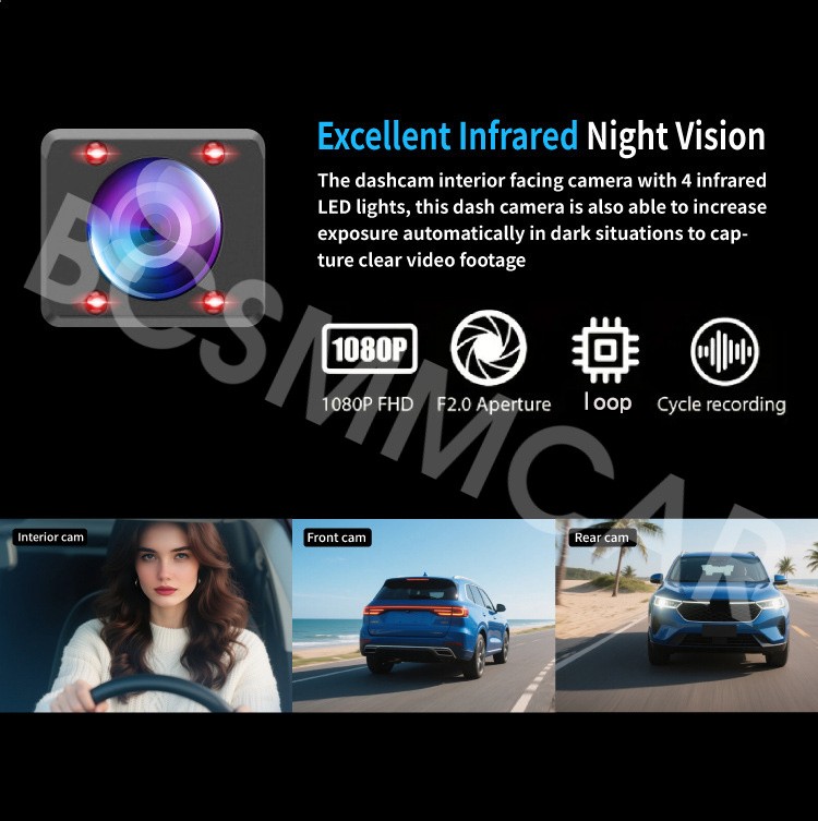 3-lens Car Dash Cam Video DVR Cycle Recording Phone APP Connection Night Vision