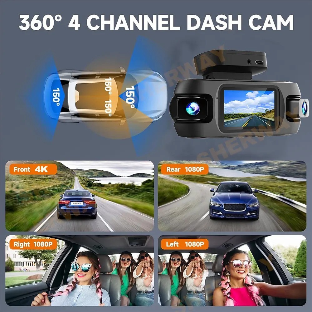 4 Channel 4K Front Dash Camera 4 Lens 1080p Left Right Rear Car DVR Built-in GPS